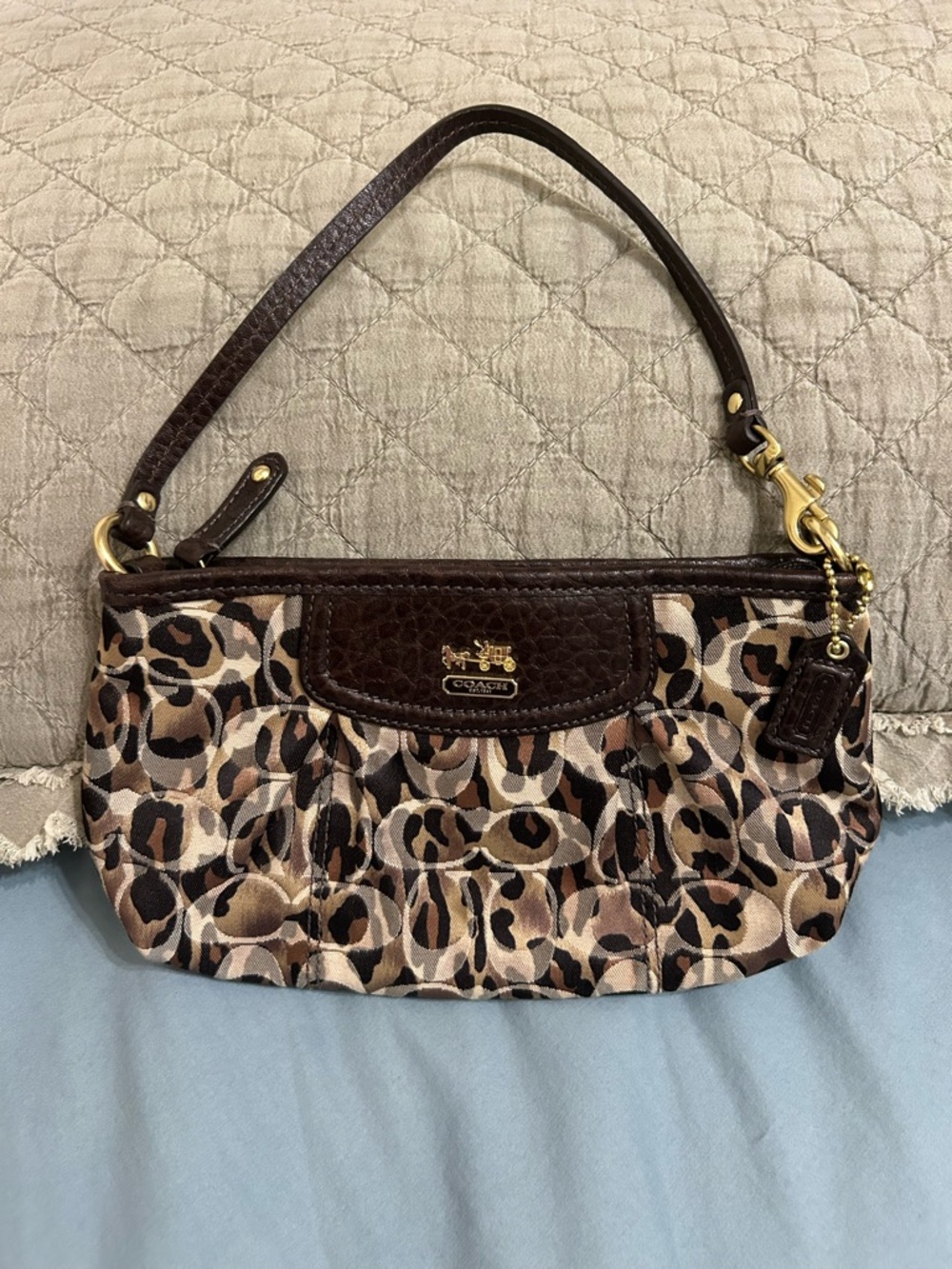 Coach Brown Leopard Print Canvas Shoulder Wristlet with Gold Hardware